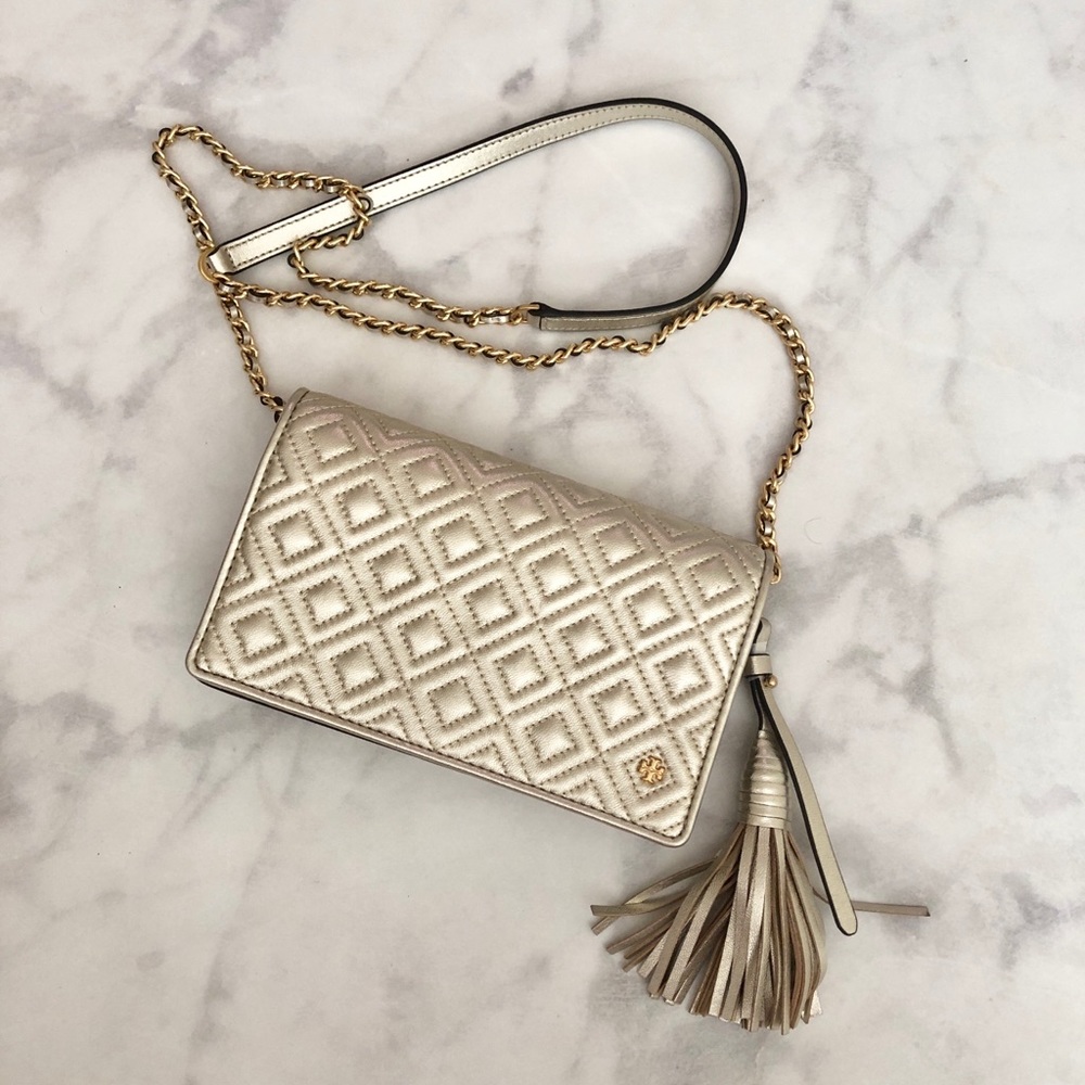Tory Burch Fleming Metallic Flat Wallet Crossbody